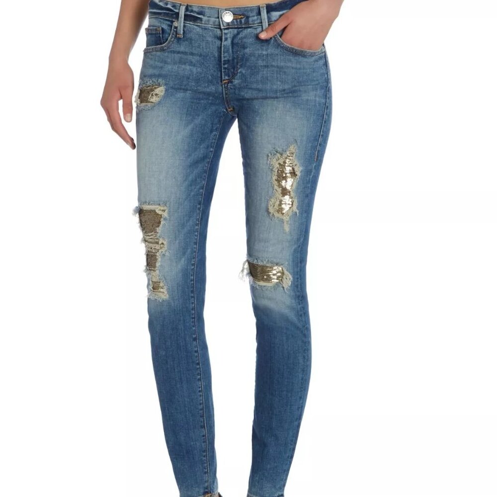 True Religion Casey Low Rise Super Skinny Jean in Blue with Gold Sequins Size 27